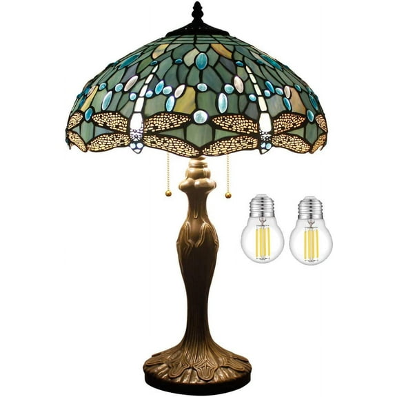 Tiffany Lamp for Living Room Table Top Stained Glass Bedside Table Lamp Bedroom, Industry Metal Base 24" Tall Large Luxurious Sea Blue Dragonfly Style Farmhouse Desk Light WERFACTORY Led Bulb Included