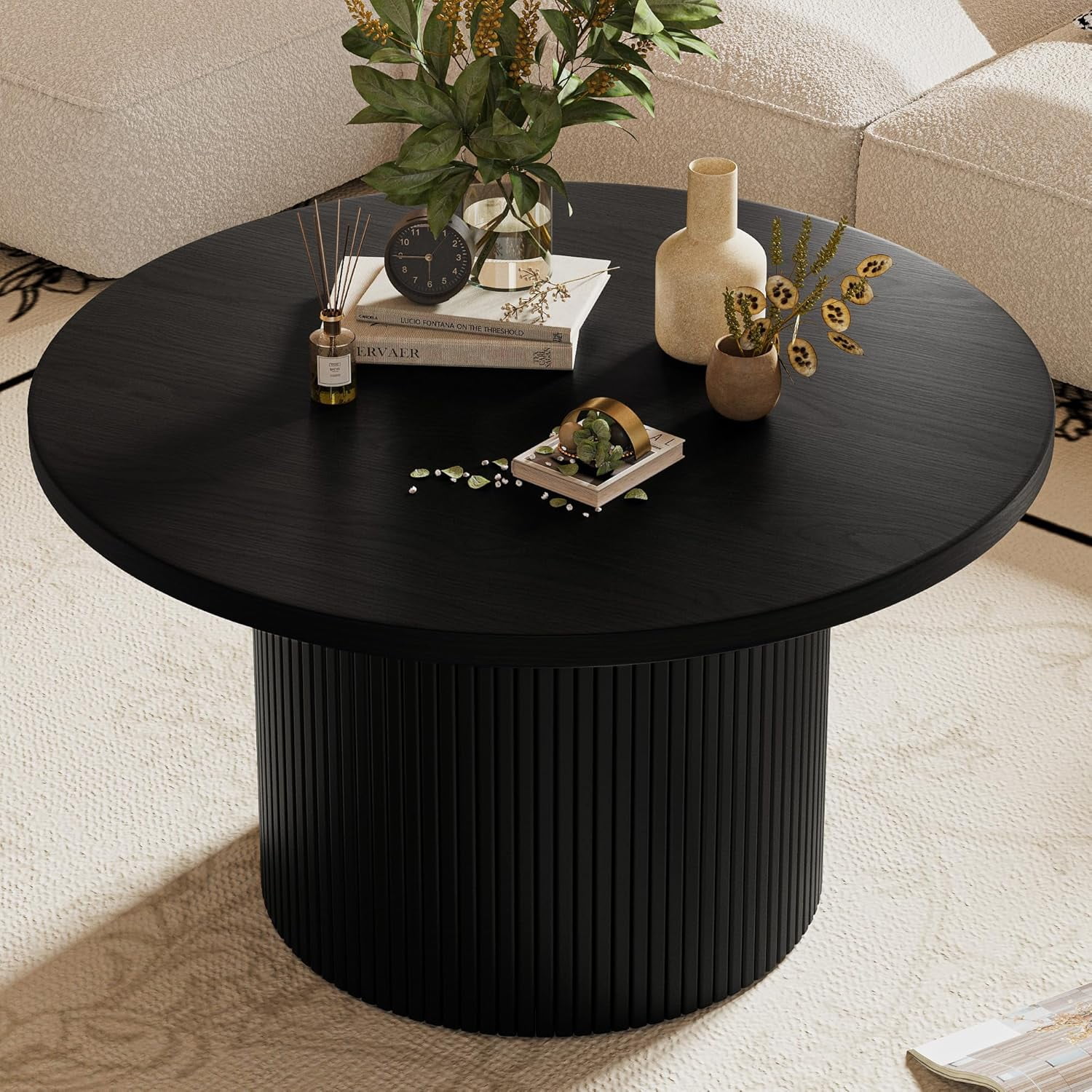 FURNIWAY Black Round Coffee Table with Storage, 35" Coffee Tables for Living Room, Circle Wood Accent Center Table for Apartment