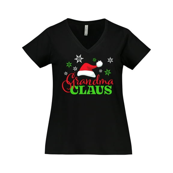 Inktastic Grandma Claus with Christmas Santa Hat and Snowflakes Women's Plus Size V-Neck T-Shirt