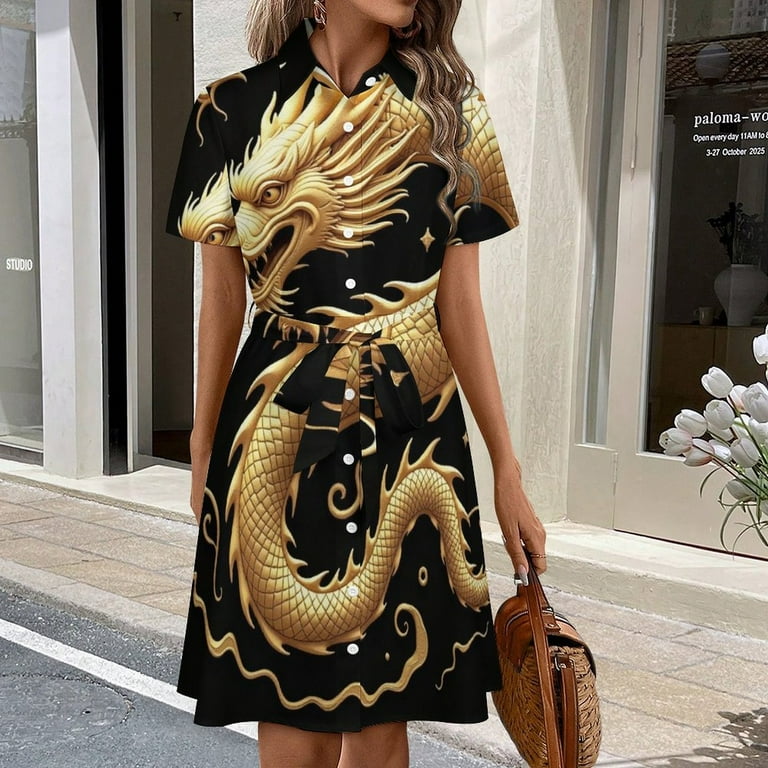 Golden Chinese Dragon Illustration Womens Shirt Dresses Women'S Short  Sleeve Dress Turn-Down Collar Dress A Line Casuall Dress Oversize(XS-6XL) -  Walmart.com