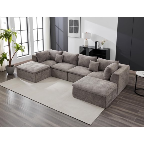 140" Boneless Sectional Cloud Sofa with Ottoman, Convertible U Shaped Modular Sofa with Double Chaise, Deep Seating & Chenille Fabric