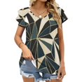 thumbnail image 4 of New Art Geometry-Emerald Green & Gold Ruffle Short Sleeve T-Shirt Women's V Neck Print T Shirt Tops Abstract Pattern Art, 4 of 5