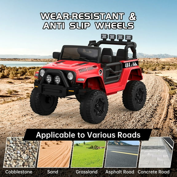 Luku 2-Seater Ride On Truck Car, 12V Battery Powered Electric Vehicle with Parent Remote Control, 2 Speeds, Led Lights, Mp3 Player, Safety Belt, Red