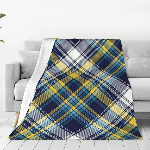Navy Blue Yellow White Plaid Throw Blanket For Couch, Ultra Soft Micro Fleece Blanket Light Weight Anti Pilling Flannel Blanket 40" x 50"