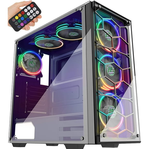 MUSETEX ATX Mid-Tower Chassis 6 ARGB Fans Pre-Installed USB3.0 with Voice Remote Control & 2 Translucent Tempered Glass Panels, Decent Cable Management Airflow Gaming PC Case Computer Case（907-MS6）