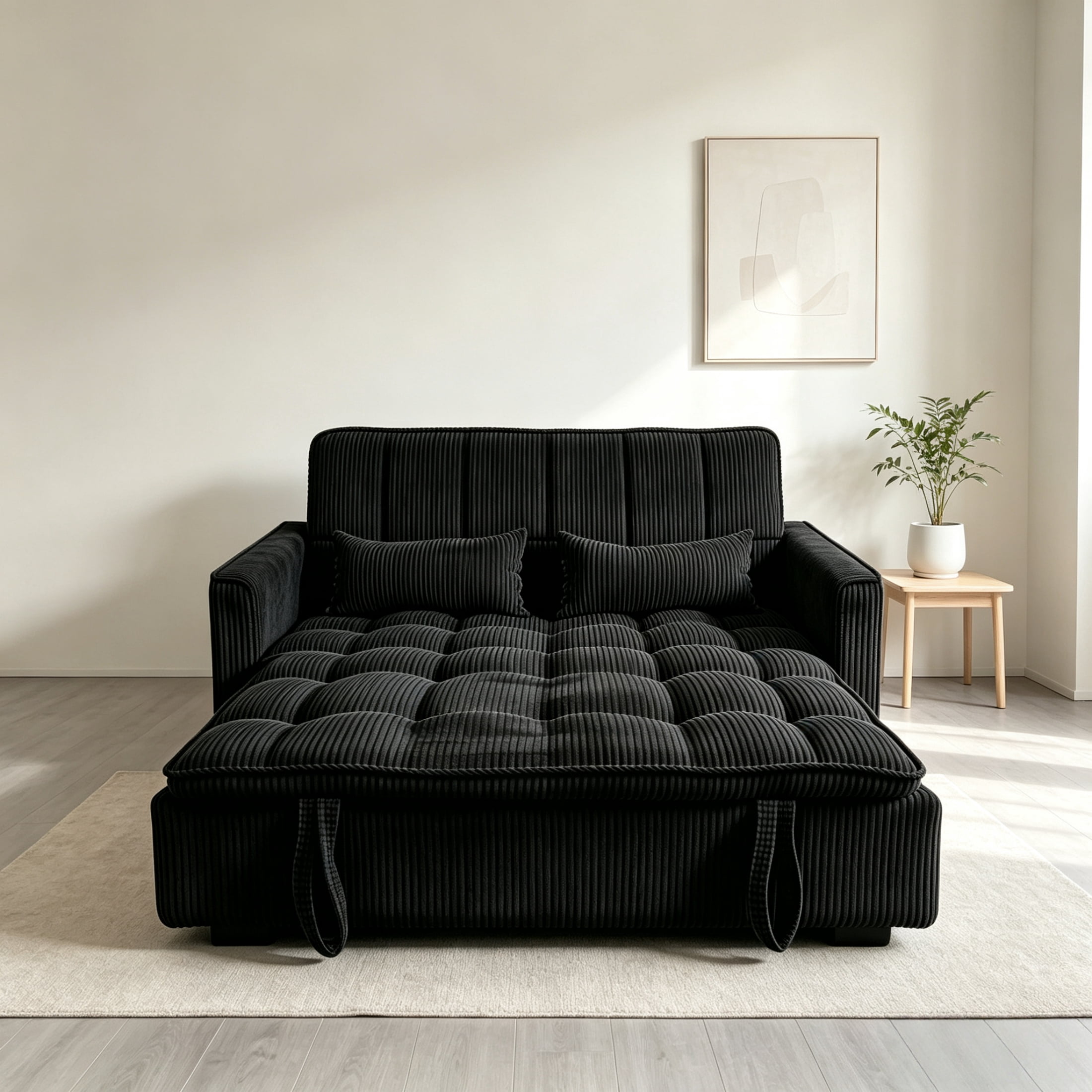 Anpport 55" Striped Corduroy Loveseat, Convertible Sleeper Sofa Bed for Small Spaces, Black