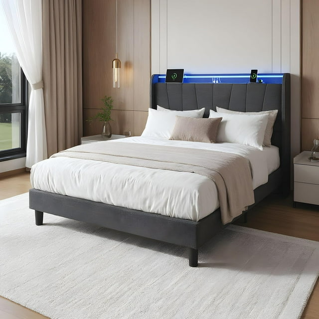 Full Size Bed Frame with LED Lights and Charging Station, Fabric Upholstered Platform Full Bed Frame with Headboard, No Box Spring Needed Bedframe, Noise Free, Easy Assembly, Gray