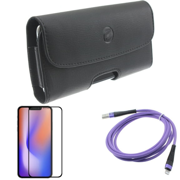 Screen Protector & 6ft USB Cable & Case Belt Clip for iPhone 13/Pro - Combo with Anti-Glare Tempered Glass Matte & Purple Charger Cord Power & Leather Holster Cover