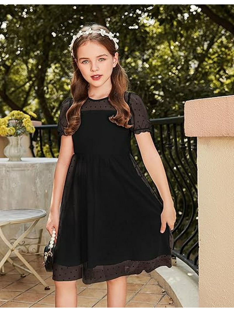 princess polly baby blue dress Oudiya Girls Contrast Mesh Short Sleeve Dress Puffy Casual A Line Party Black  Dress for Kids 3-12Y