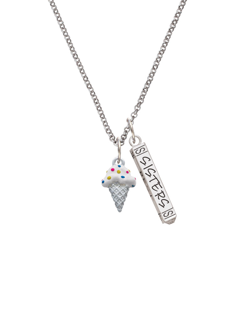 Delight Jewelry Silvertone 2-D Vanilla Ice Cream Cone with Sprinkles Silvertone Sisters Best Friends Forever Bar Charm Necklace, 23"