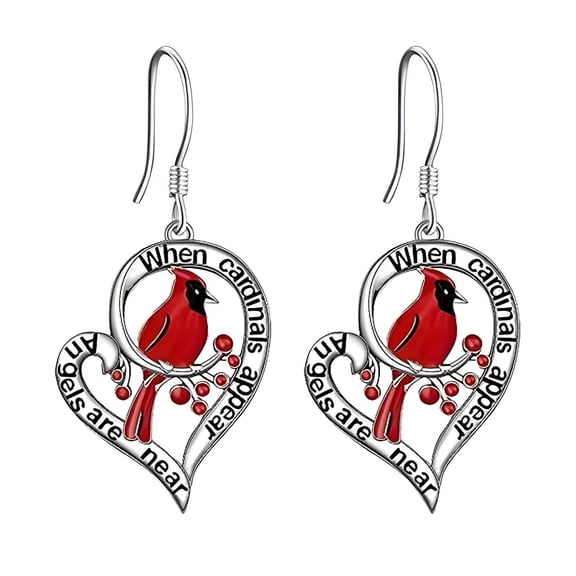 DESIGNICE Red Earrings for Women,Red Bird Heart Design Cardinal Gifts for Women,Little Bird Animal Element This Hollow Heart,Silver