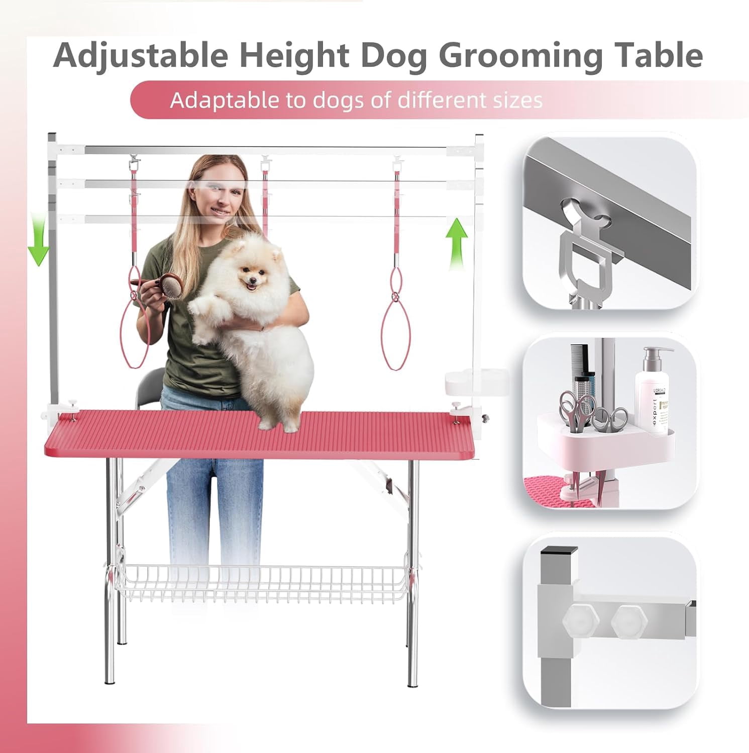 47" Pet Grooming Table Pink, Stainless Steel Foldable Grooming Table for Dogs at Home Adjustable Height Arms Pet Station with Nooses, Mesh Tray, Tool Organizer
