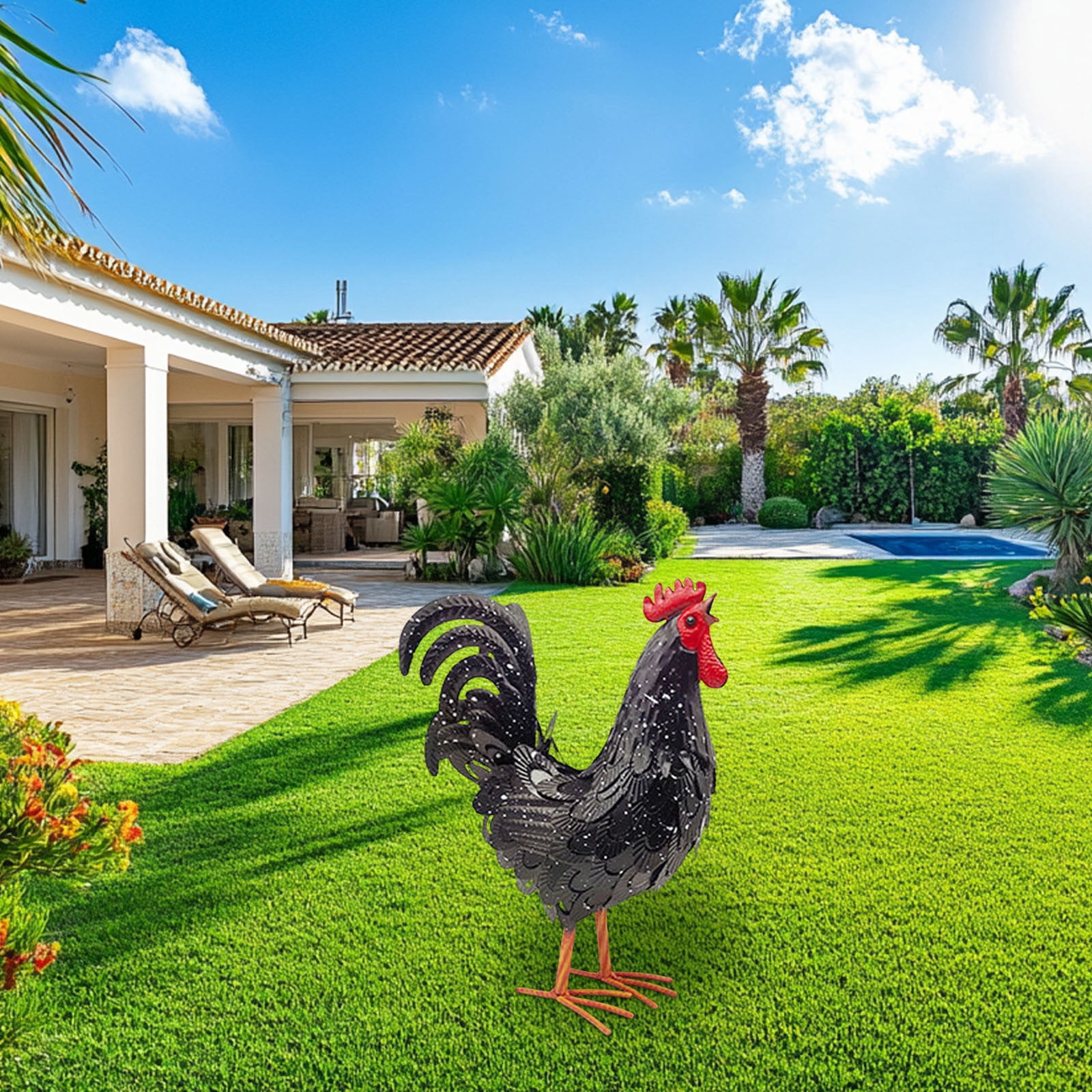 DAMAI Metal Rooster Yard Art Statue - 16 In Outdoor Chicken Statue Decoration For Patio Lawn Garden, 3D Rooster Garden Statues, Chicken Yard Art Sculpture Outdoor Figurines, Metal Chicken Decor