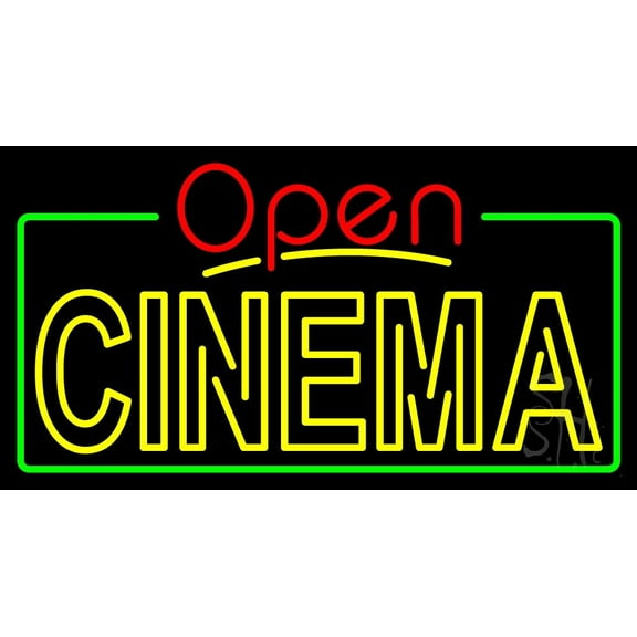 Yellow Cinema Open With Border LED Neon Sign 20" Tall x 37" Wide - inches Black Square Cut Acrylic Backing, with Dimmer - Premium built indoor Sign for Cinema.