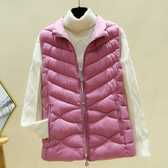 Fanxing Plus Size Puffer Vest for Women Lightweight Sleeveless Quilted Jackets Thin Stand Collar Zip Up Waistcoat with Zipper Pocket Hot Pink 5XL