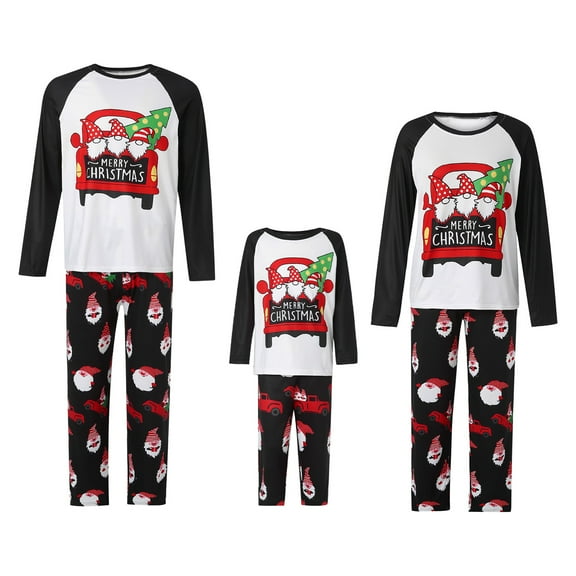 Christmas Pajamas for Family Gnome Car Letter Print Long Sleeve T-Shirt Trousers Xmas Pajamas Sleepwear Set