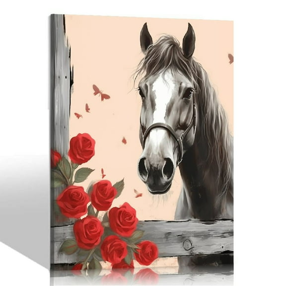 ONETECH Rustic Farmhouse Horse Bathroom Wall Art Black And White Canvas Wall Decor Funny Farm Country Animal Bedroom Rose Pictures Print Wall Decorations 16 X20 Inches