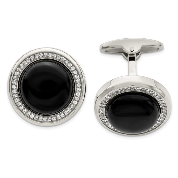 Stainless Steel Polished With Cubic Zirconia and Simulated Onyx Circle Cuff Links - Measures 20mm Wide