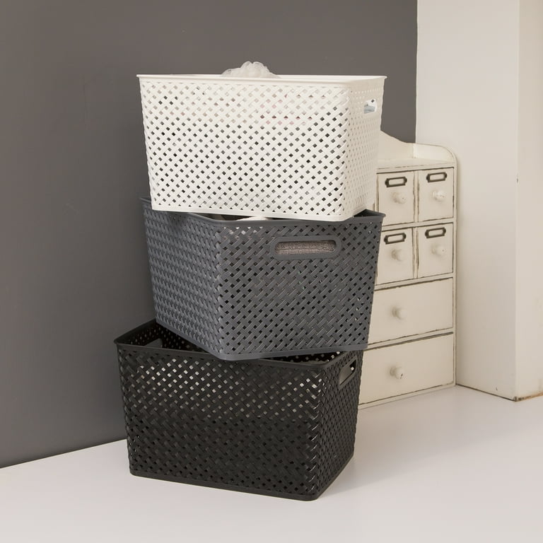 BINO l Plastic Storage Baskets, Medium - Grey | THE BLOSSOM COLLECTION l  Multi-Use Organizer Bin l Built-in Handles l Plastic Woven Basket for