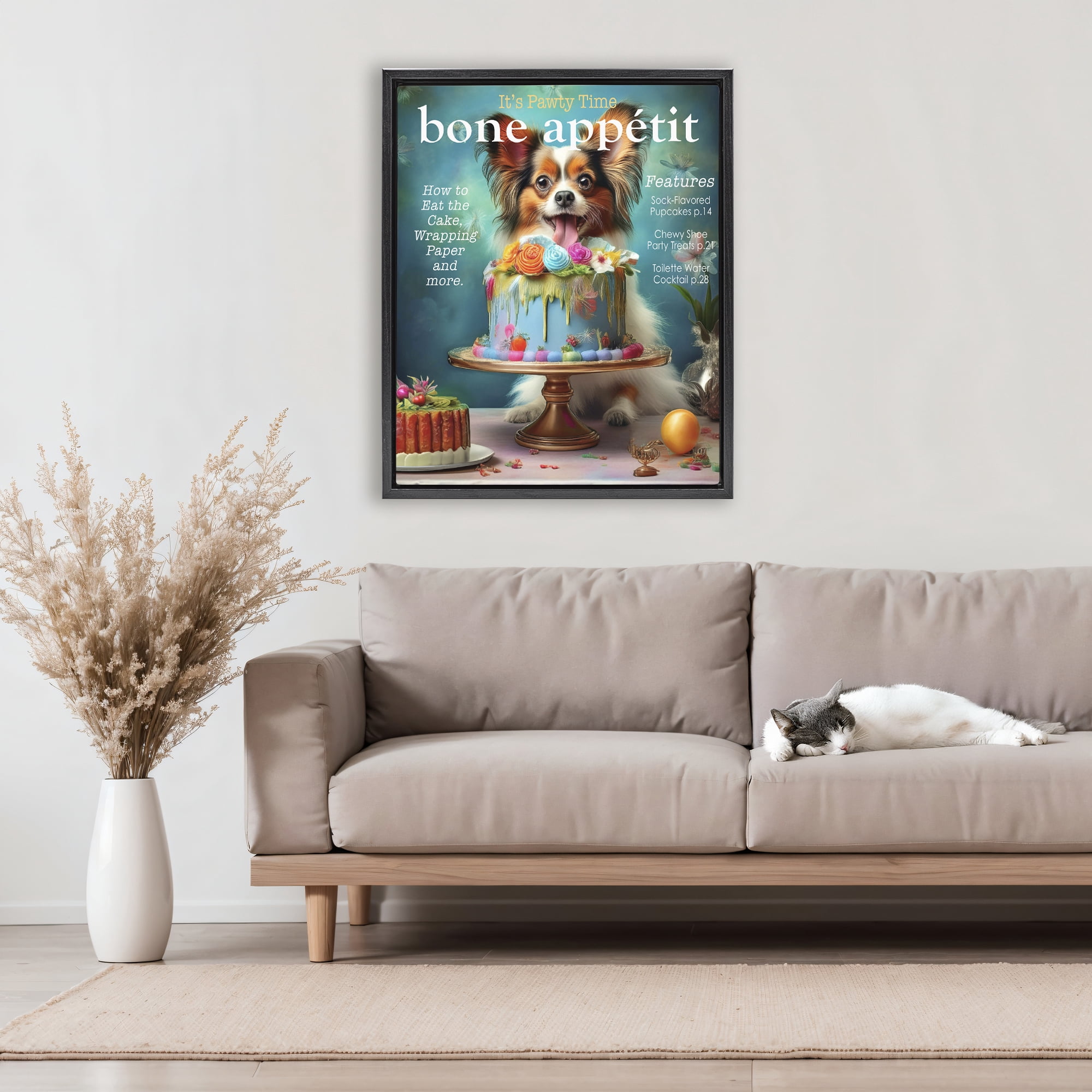 Stupell Industries Bone Appetit Dog Magazine Parody Black Framed Floater Canvas Wall Art, design by Grotto Studios