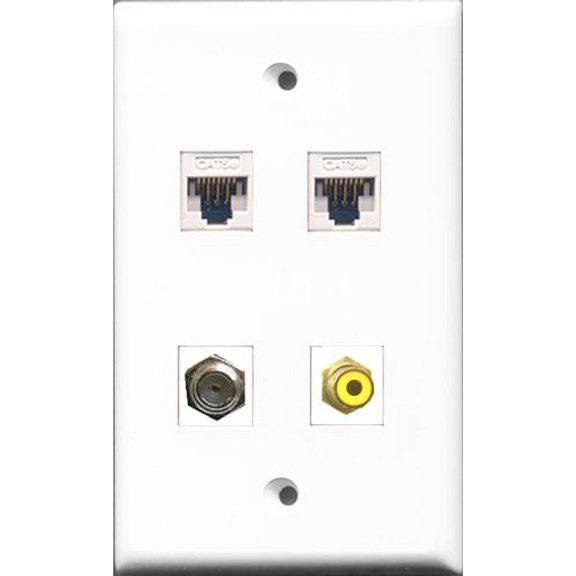 RiteAV - 1 Port RCA Yellow and 1 Port Coax Cable TV- F-Type 2 Port Cat5e Ethernet White Wall Plate