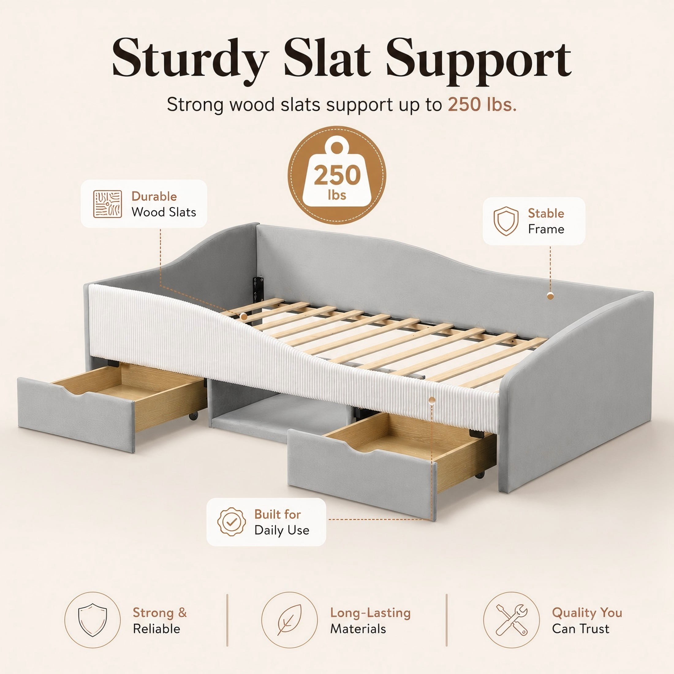 Aukfa Twin Size Upholstered Daybed with 2 Storage Drawers, Shelf and Curved Guardrails, Velvet Bed Frame, Gray