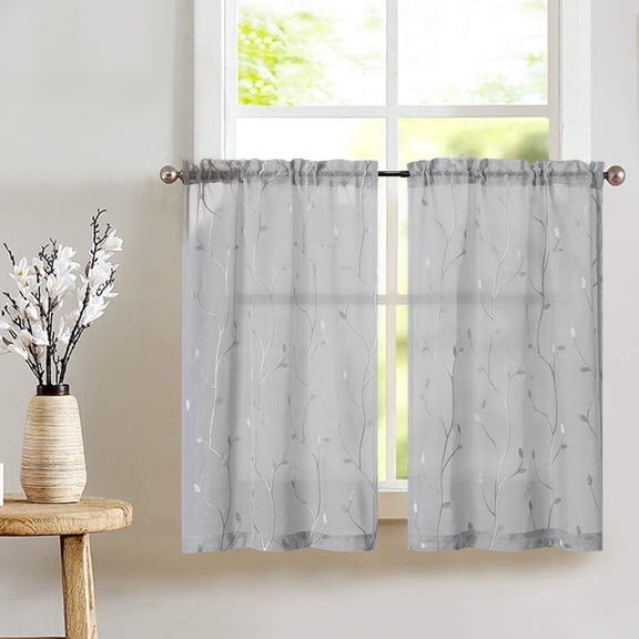 TOPICK Floral Embroidery Sheer Curtains, 36 Inch Light Filtering Voile Window Drapes, Rod Pocket 2 Panels Grey Curtains for Living Room Bedroom