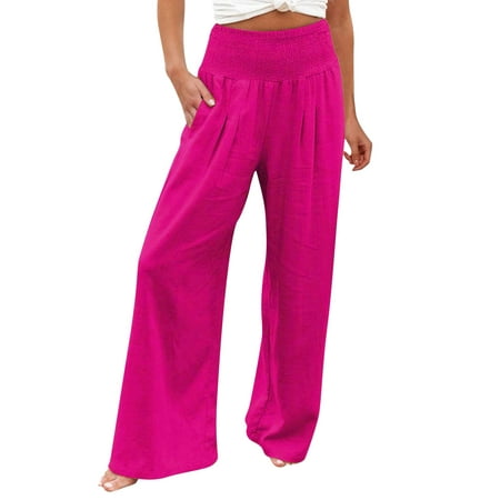 

Womens Pants Casual Trendy High Waist Wide Leg Palazzo for Smocked Elastic Loose Comfy Pajama Pockets Pant