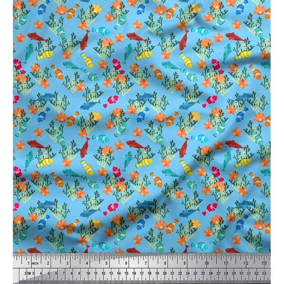 Soimoi Viscose Chiffon Fabric Coral,Shell & Fish Ocean Printed Craft Fabric by The Yard 42 Inch Wide