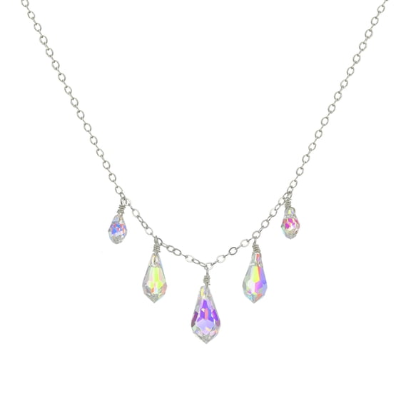 1160 Jewelry Sterling Silver Cable Chain and Austrian Crystal Aurora Borealis Graduated Teardrop Drop Necklace, 18" for Women, and Friends, Perfect for Weddings, and other Special Occasions