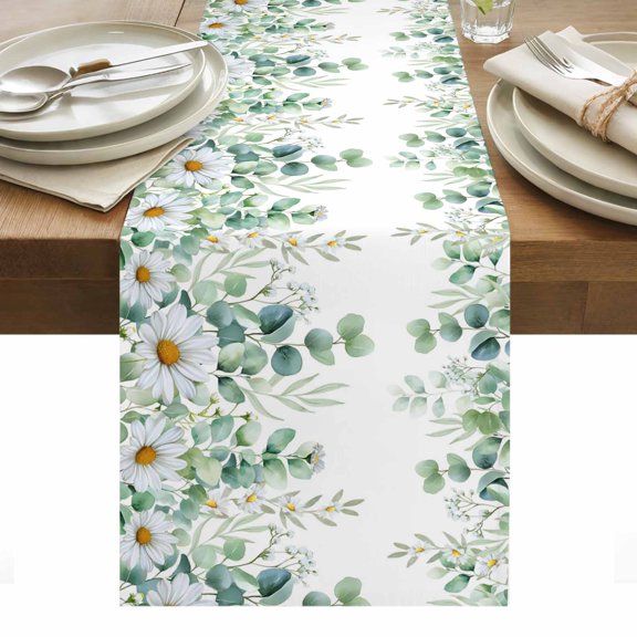 Green Eucalyptus Leaves Table Runner - 70 Inch Long, Kitchen Dining Table Runner Dresser Scarves, Summer Botanical Watercolor Daisy Farmhouse Decor for Coffee Tables Wedding Party Banquet