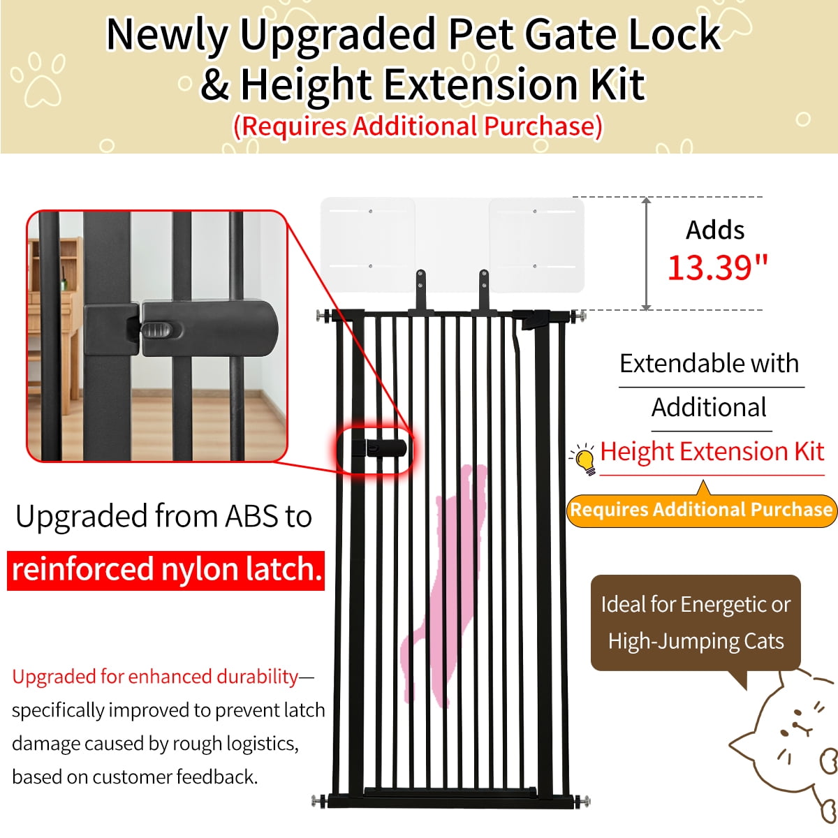 Lumizone Extra Tall Cat Gate 55.12" High Pressure Mounted Black 34.25"-38.38" Extra Wide 2025 New (10 Sizes) 1.37" Gap No Drilling Auto-Close One-Handed Operation Tall Pet Gate for Dogs