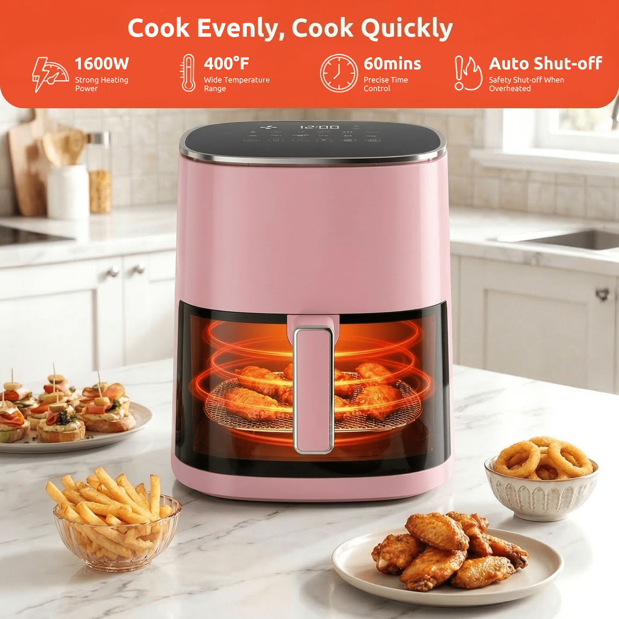 ROSVOVO Air Fryer 6-Quart with Viewing Window 12-in-1 Functions Digital Cooker for Crispy Fries Roasted Chicken Wings, 400°F Max Temperature, Pink
