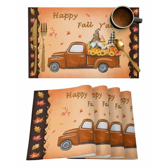 Placemats Set of 4 Happy Fall Y'all Orange Harvest Autumn Gnome Pumpkin Maple Leaf Heat Insulation Washable Place Mats, Rustic Non-Slip Table Mats for Dining Table Party Kitchen Decor,13x19 Inch