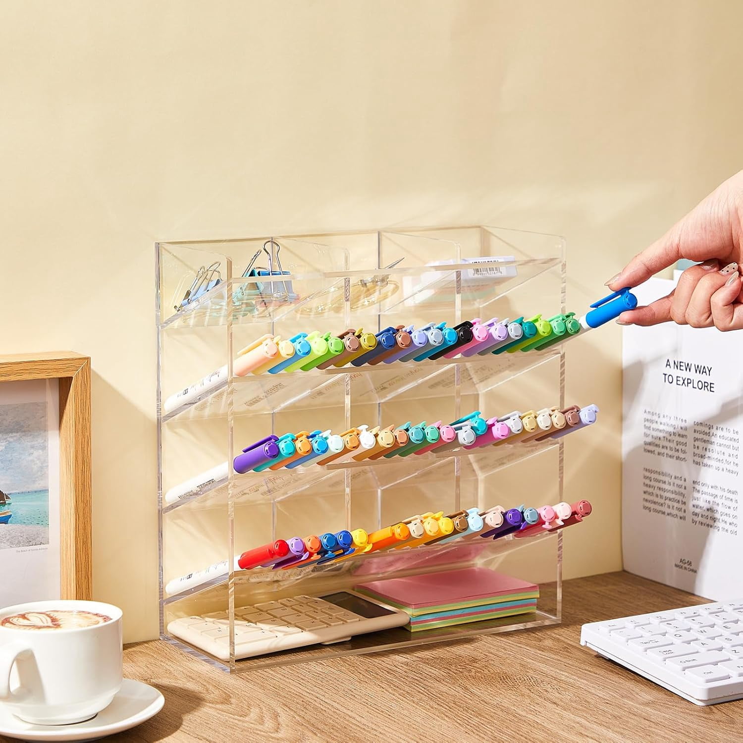 Acrylic Pen Organizer Storage Vertical Marker Organizer Acrylic Pen Display Holder for Office Desk Desktop Stationery Pencil Storage(Clear,10.2 x 4 x 9.8 Inch)