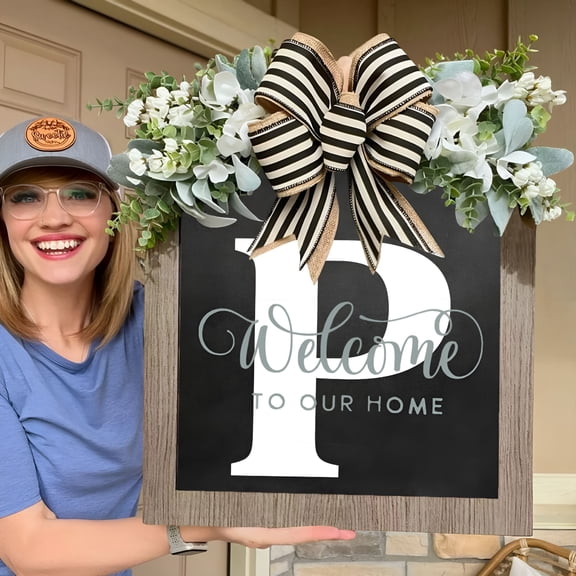 LAMIRO Last Name Year Round Front Door Wreath 24 Letter Farmhouse Wreath With Wreath Bow Spring Wreaths For Front Door Outside Hanger Decor,Green