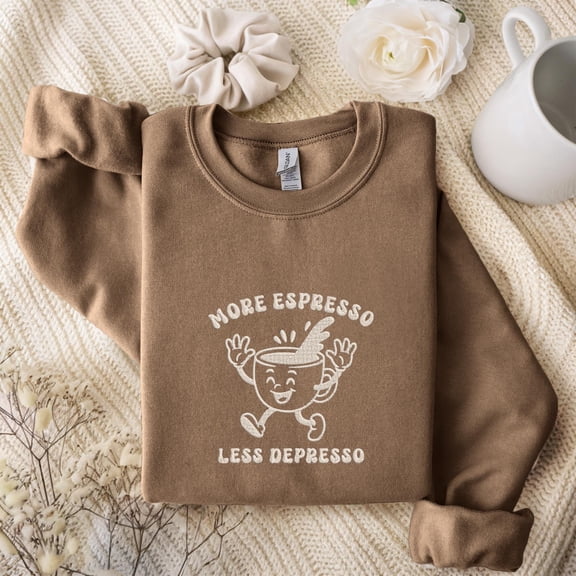 Embroidered More Espresso Less Depresso Shirt, Coffee Lover Sweatshirt, Mental Health Hoodie, Vintage Espresso Tee, Gift for Coffee Lover