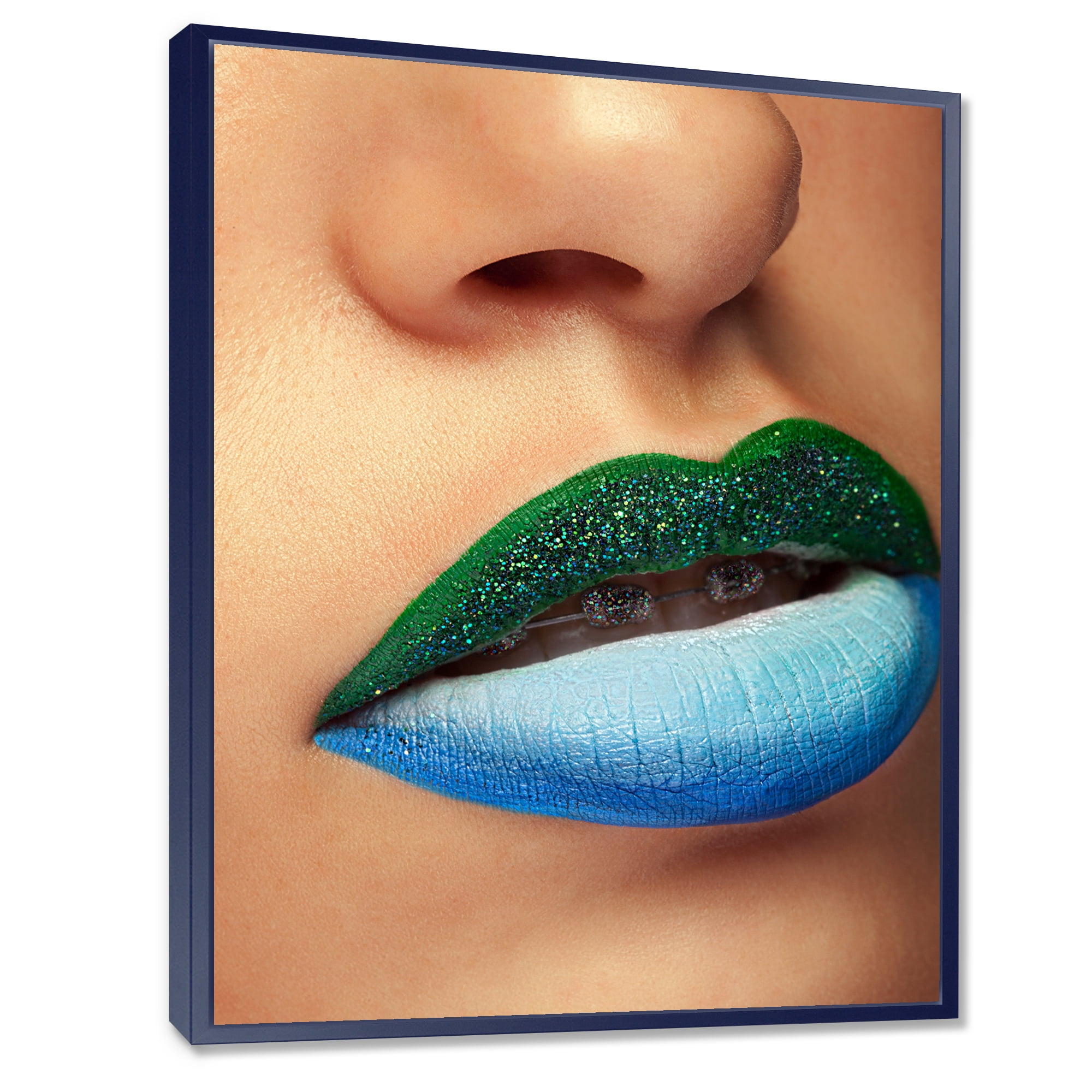 Designart 'Close Up Woman Lips With Fashion Make Up and Brackets' Modern Framed Canvas Wall Art Print