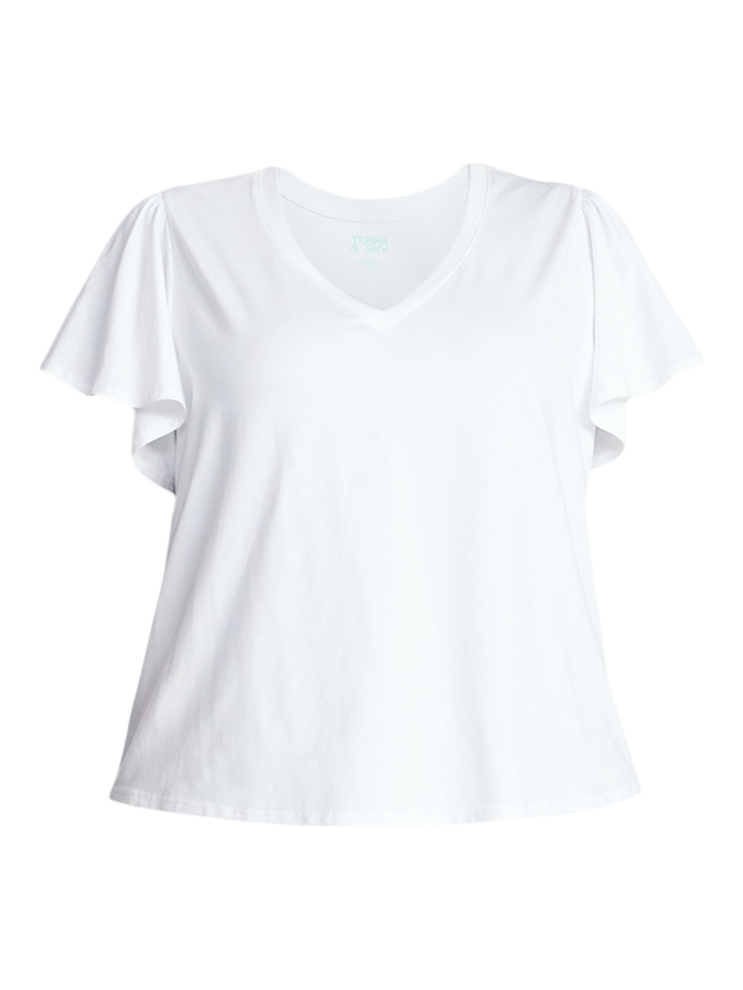 Terra & Sky Women's Plus Size V Neck Tee with Short Flutter Sleeves, Size 0X-4X