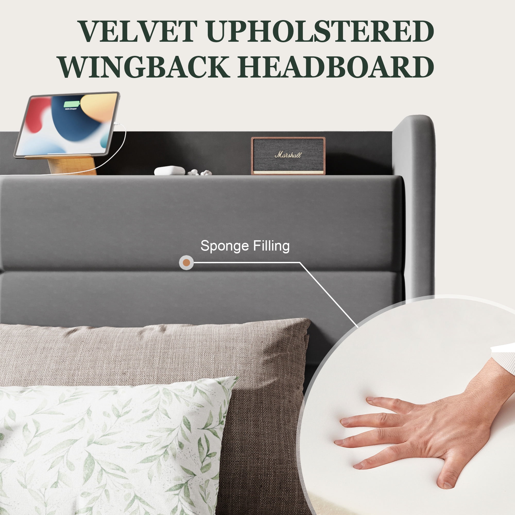 Amolife Full Size Upholstered Platform Bed Frame with Velvet Wingback Headboard & USB Charging Ports, No Box Spring Needed, Grey