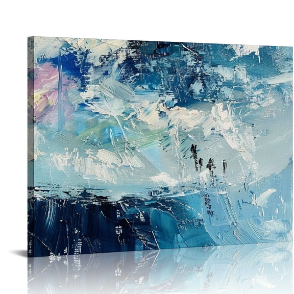 JEUXUS Abstract Canvas Wall Art Lving Room Wall Decor Blue White Canvas Painting Contemporary Artwork Prints for Bedroom Bathroom Office Home Decoration Framed Ready to Hang 20x16in