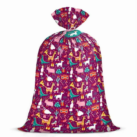 WRAPAHOLIC 56" Large Christmas Plastic Gift Bag - Animals Party (Llama, Unicorn, Flamingo, Dinosaur) Design for Holiday, Parties, Celebrating, or Any Occasion - 56"H x 36"W