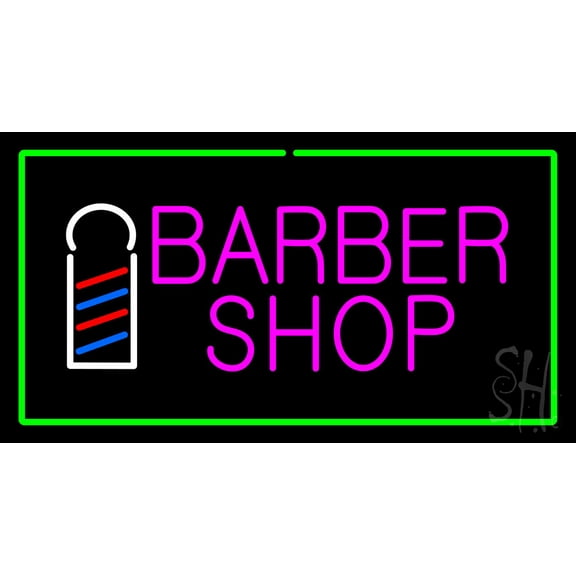 Pink Barber Shop Logo with Green Border LED Neon Sign 20 x 37 - inches, Black Square Cut Acrylic Backing, with Dimmer - Bright and Premium built indoor LED Neon Sign for Defence Force.
