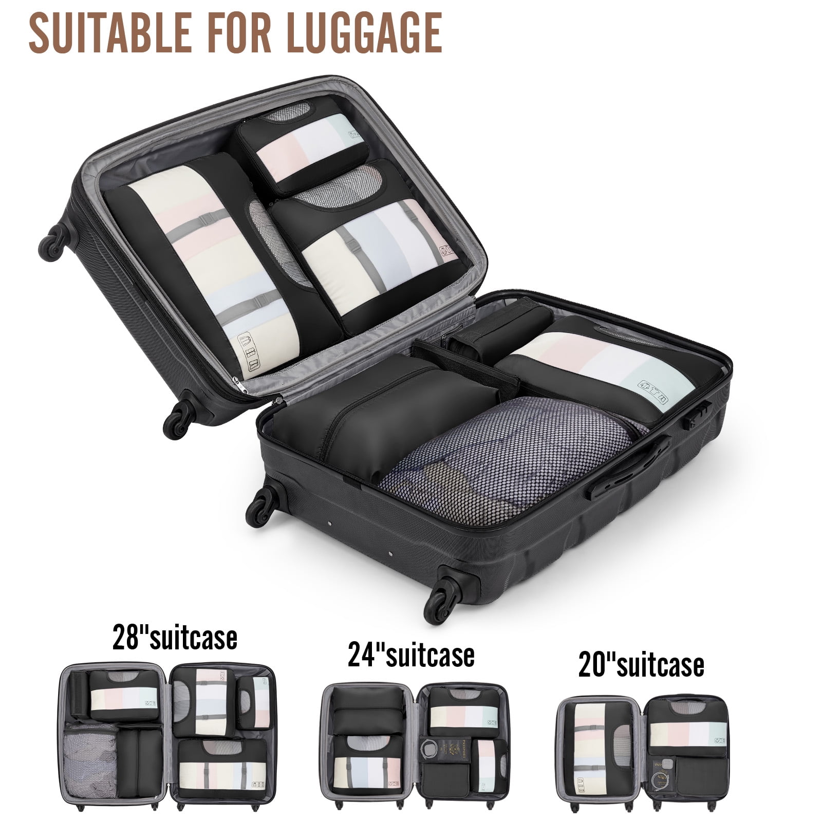 Veken 10 Set Packing Cubes for Travel Essential, Suitcase Organizer Bags in 4 Sizes, Carry-On Luggage Accessories Large Laundry Hanging Toiletry Bag for Airplane, Road Trip Camping, Black