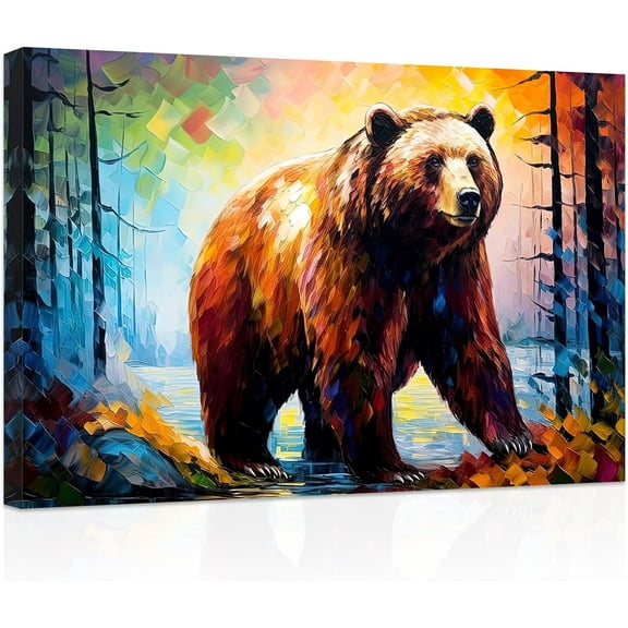 ZHONGYUTONG Abstract Forest Animal Canvas Wall Art Colorful Bear Painting Prints Wildlife Posters Artwork Home Decor Framed (12.00" x 18.00")