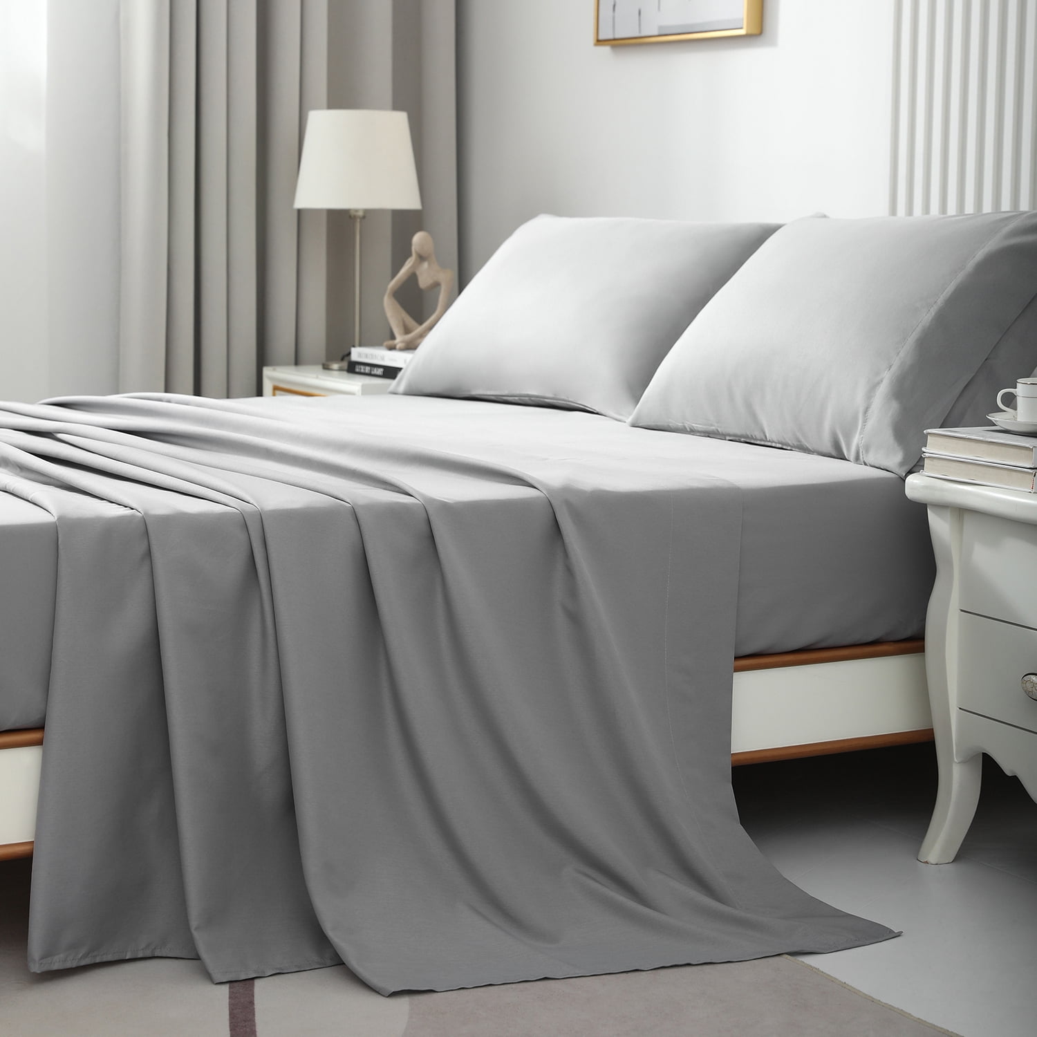 Johnpey 4-Piece Bamboo Bed Sheet Set, Queen Size - Gray
