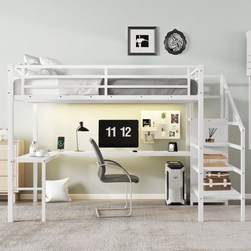 Queen Size Loft Bed with L-Shaped Desk & USB, Metal Loft Bed with Wardrobe & Adjustable Shelf, LED Lighting, High Loft for Adults, Teens, White