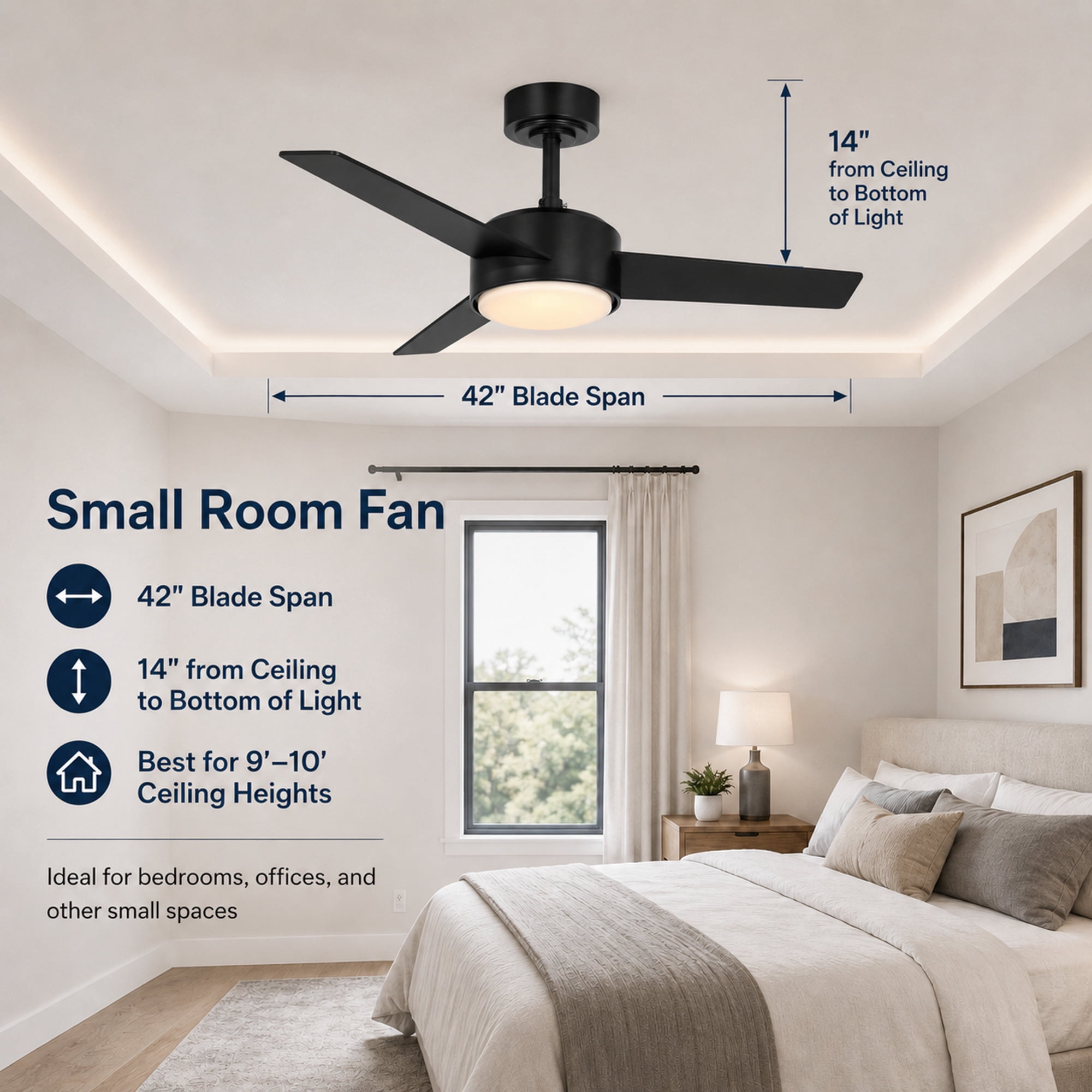 Mainstays 42 in Black Downrod DC Ceiling Fan with Integrated LED Light, Remote Control, 6 Speeds and Fast-Install Blade System