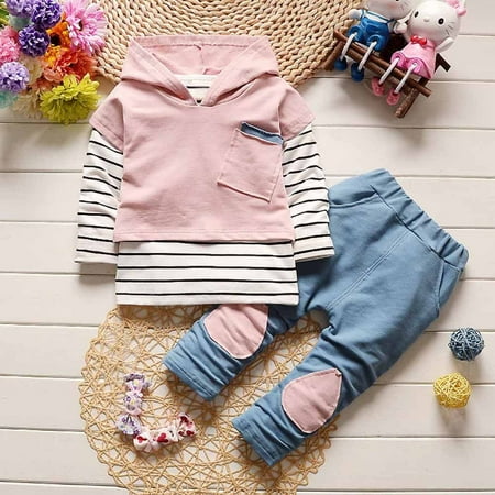 

RPVATI Toddler Baby Child Children Kids Clothes Long Sleeve Hooded Striped Hoodie Pants 2 Pieces Fall Winter Outfits 1Y-3Y