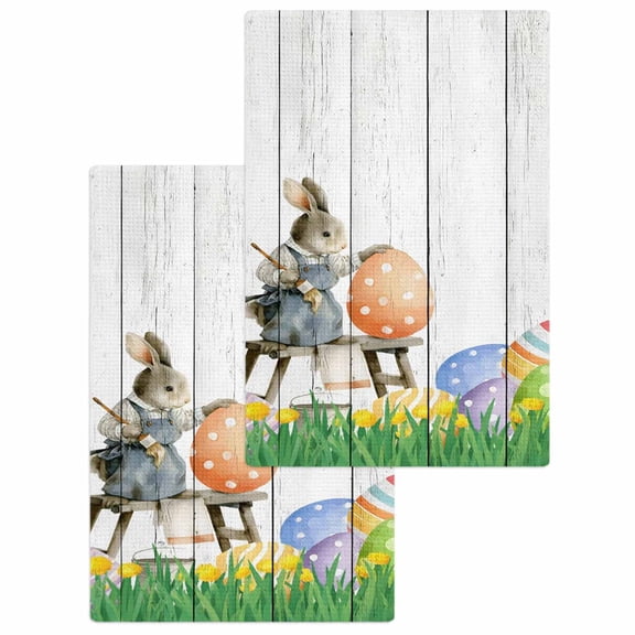 Easter Bunny Kitchen Dish Towels for Drying Dishes Set of 2, Colorful Eggs Spring Grass Flowers Grey Wooden Waffle Weave Microfiber Hand Tea Bathroom Towels Quick Dry & Absorbent Towel 15.7x23.6
